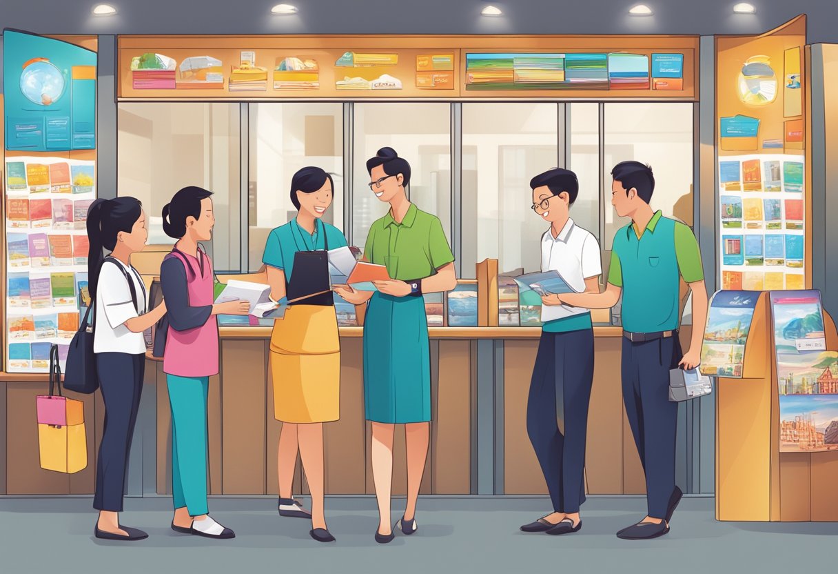 A bustling tour agency in Singapore, with a colorful display of brochures and a friendly staff assisting customers