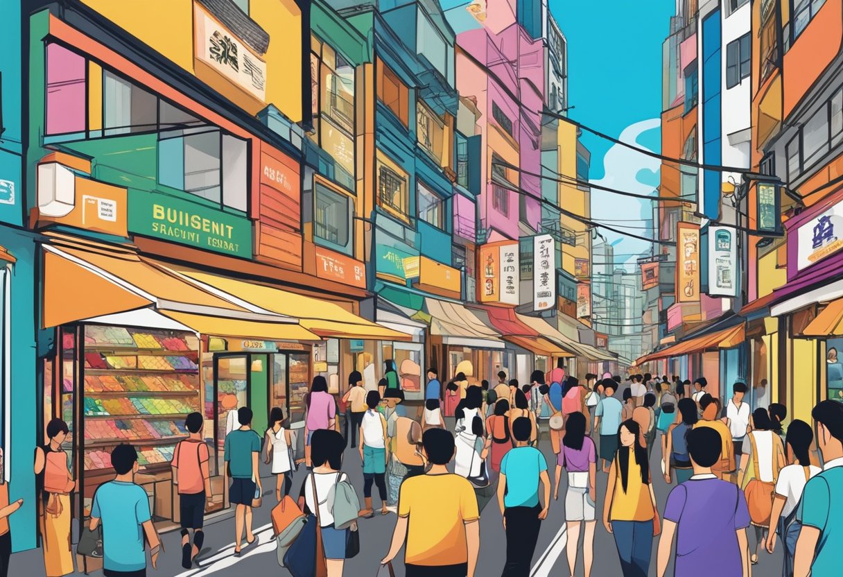 Colorful storefronts line Bugis Street, with vibrant signage and bustling activity. The narrow alleyways are filled with shoppers and vendors, creating a lively and energetic atmosphere