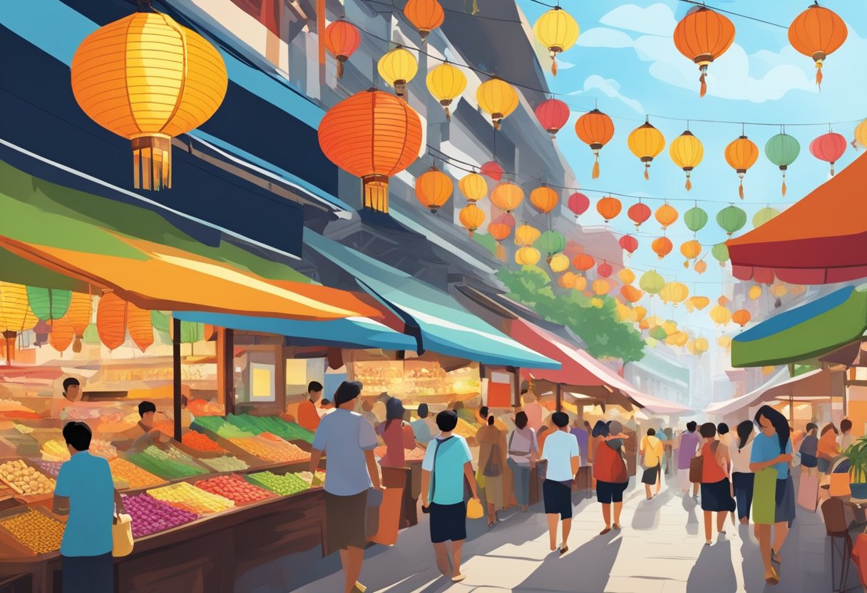 Colorful market stalls line Bugis Street, bustling with shoppers and vendors. The scent of exotic spices fills the air as lanterns sway in the breeze