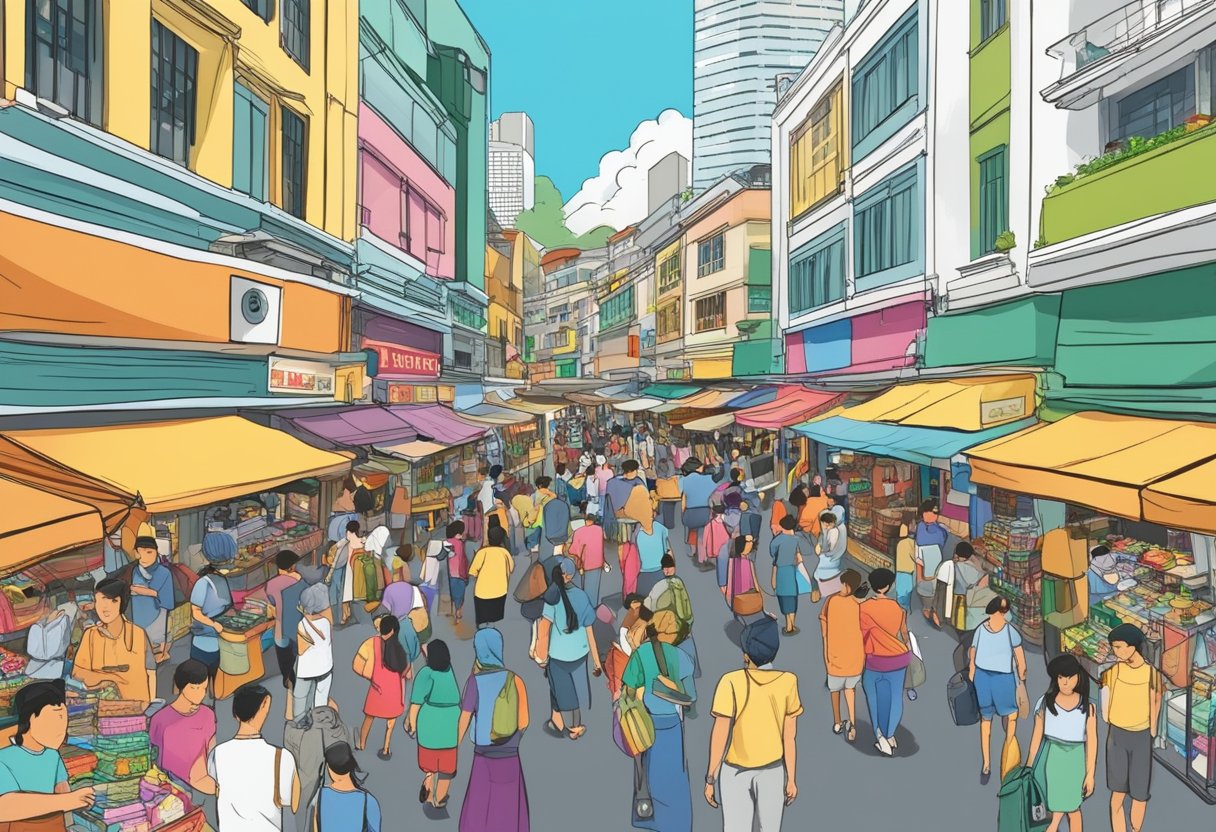Busy Bugis Street, Singapore, bustling with people and colorful shops. The street is lined with vendors selling a variety of goods, and the air is filled with the sounds of chatter and activity