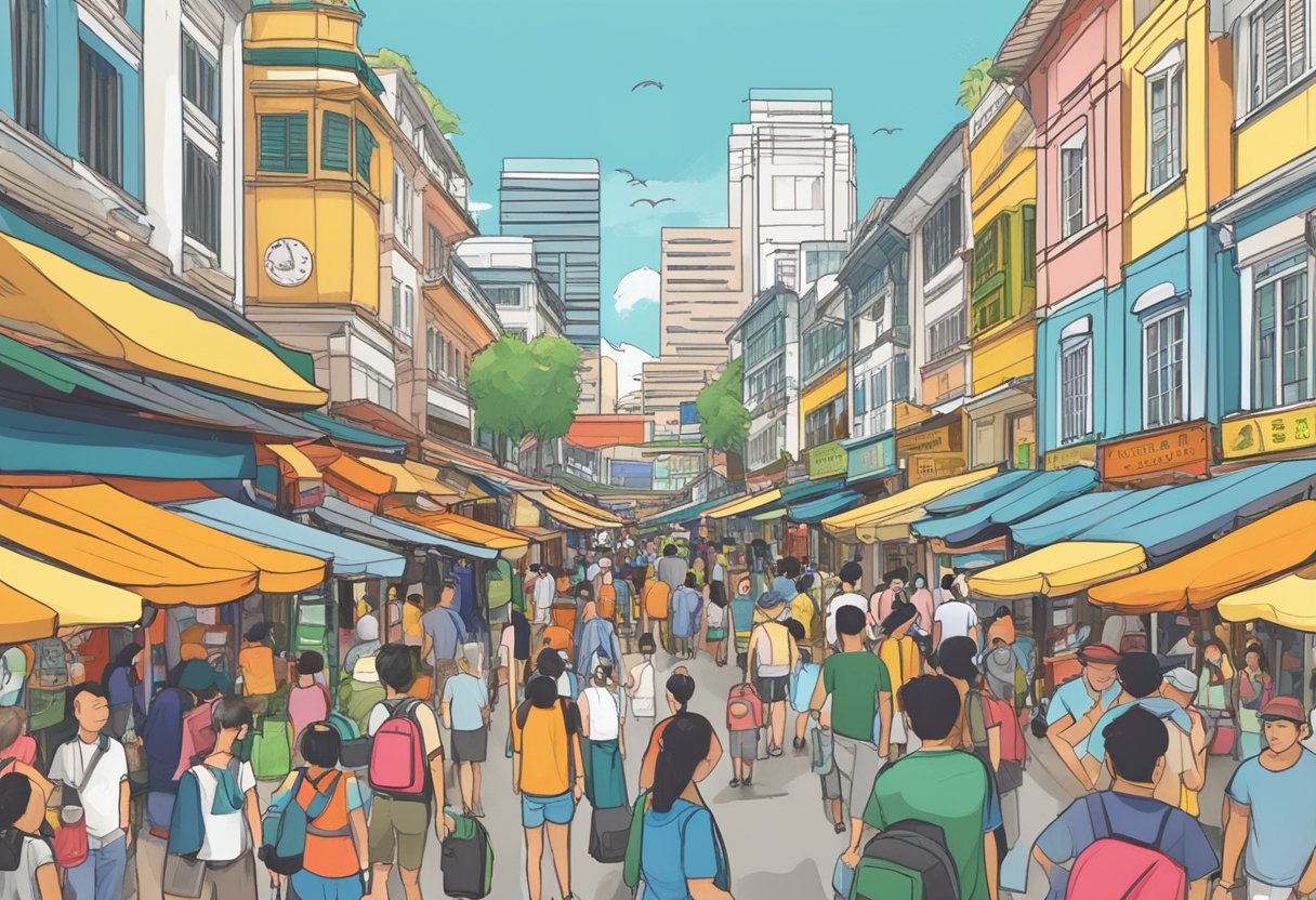 Colorful signs line Bugis Street, Singapore. Tourists browse stalls, while locals chat and shop. The bustling atmosphere is filled with the sound of haggling and laughter