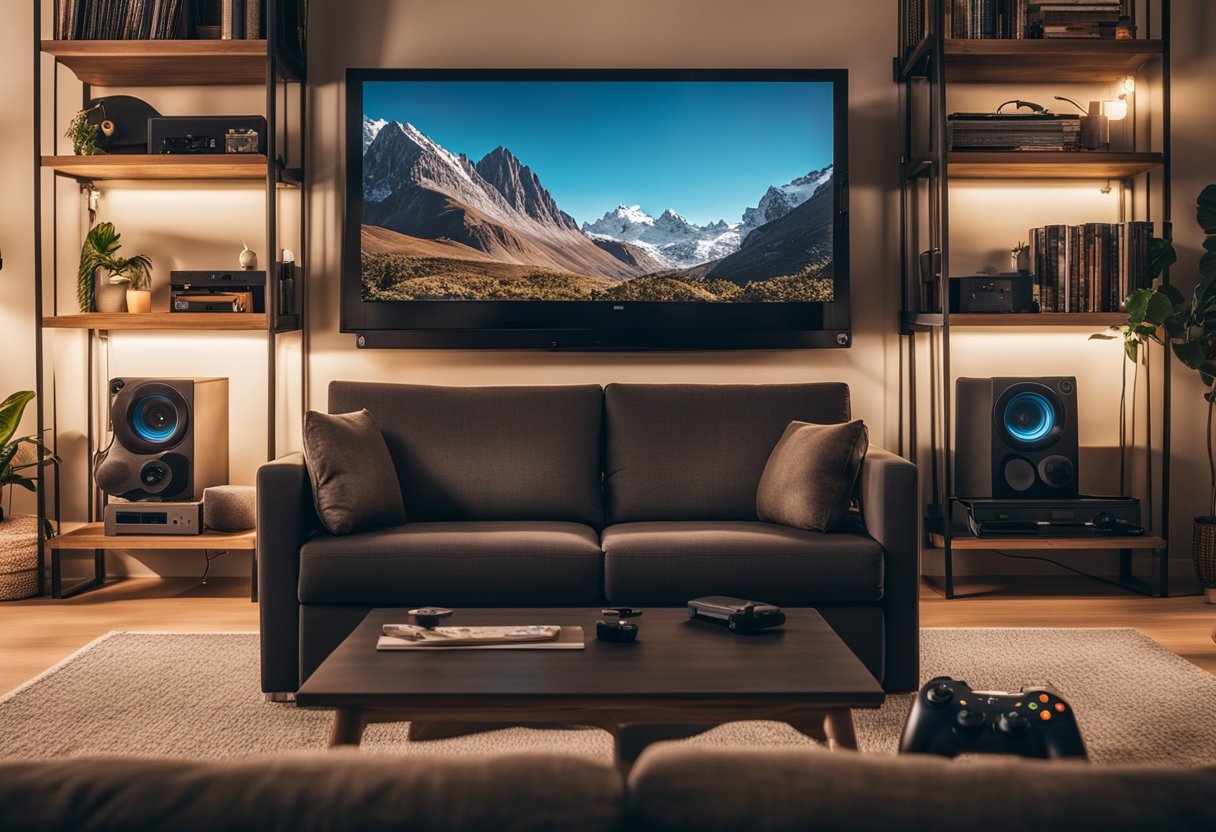 A cozy living room with a gaming console and controller, surrounded by shelves filled with indie game cases. Soft lighting and a comfortable couch invite players to immerse themselves in the world of indie gaming