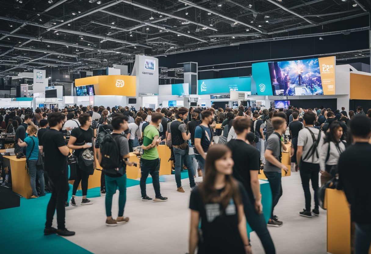 A bustling convention hall filled with colorful booths showcasing the latest indie games of 2024. Gamers eagerly try out demos while developers discuss their creations with passion