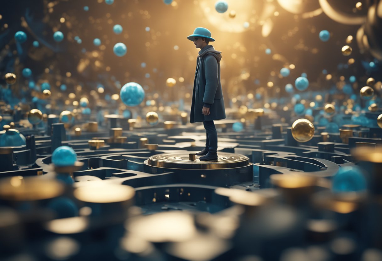 A character navigates a surreal world, manipulating gravity and time to solve puzzles in a visually stunning environment