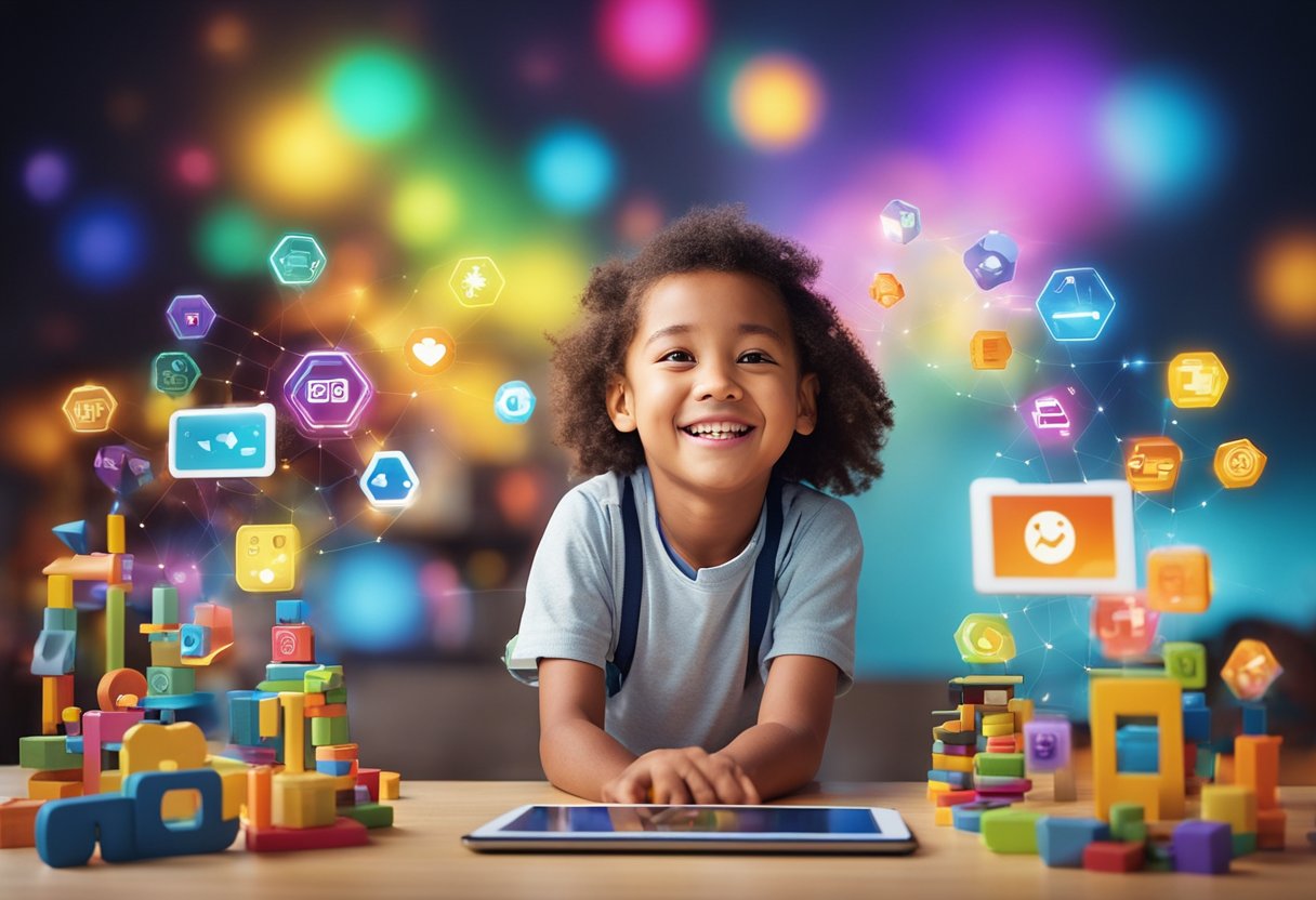 Colorful educational apps surround a happy child, who is engaged in playful learning activities. The child's face lights up with joy as they interact with the interactive learning tools