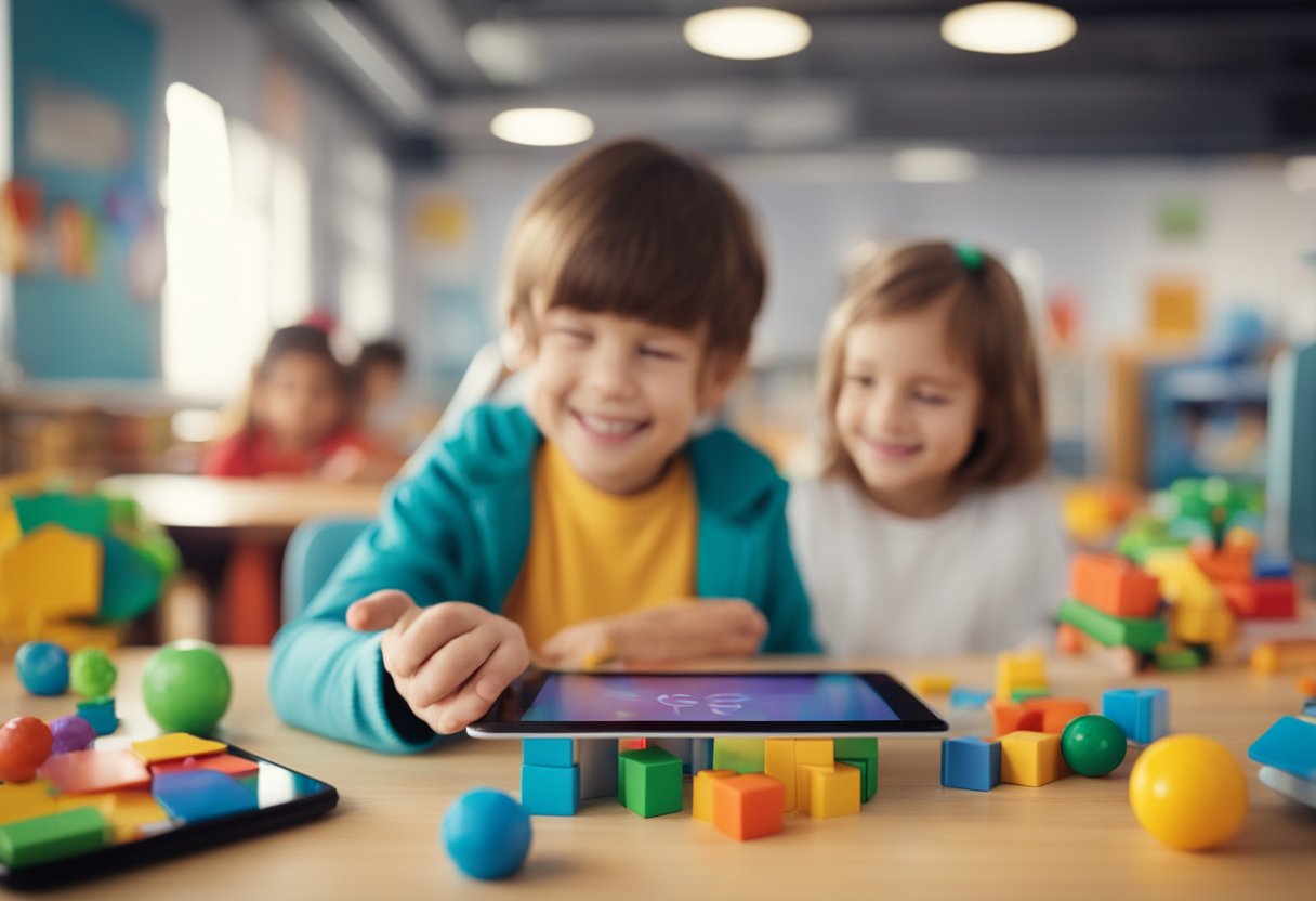 A colorful classroom filled with toys and books. A tablet displaying educational apps for children. A happy child playing and learning