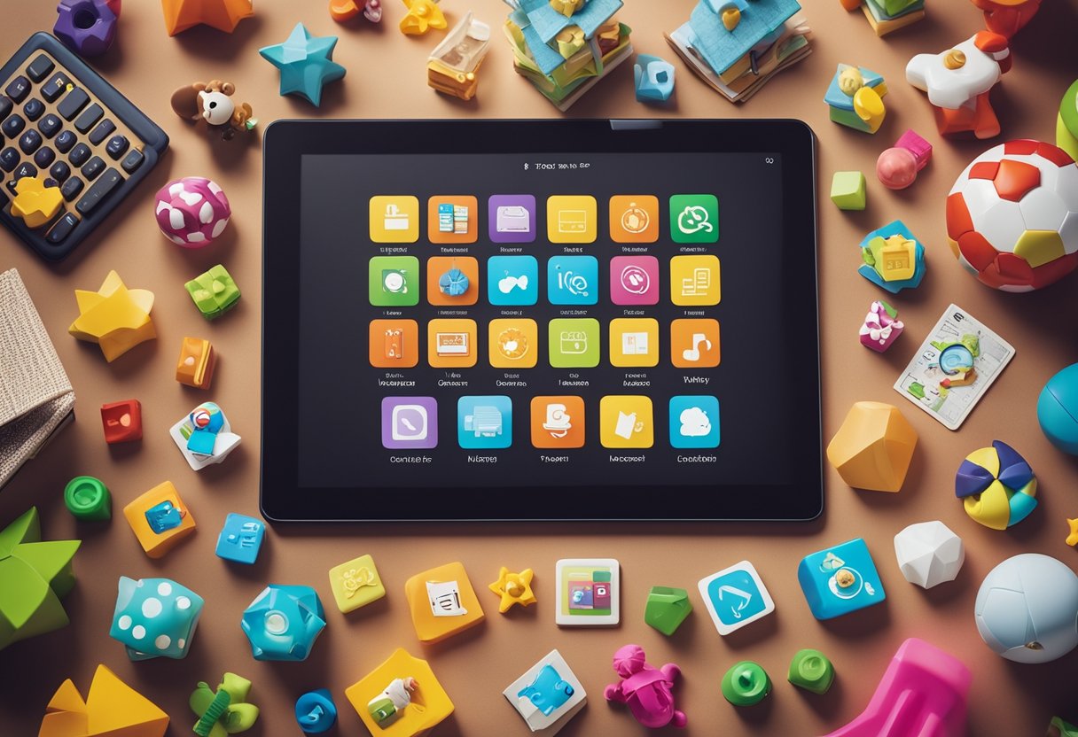 A colorful array of educational apps displayed on a tablet screen, surrounded by playful toys and books. The scene exudes a fun and engaging learning environment for children