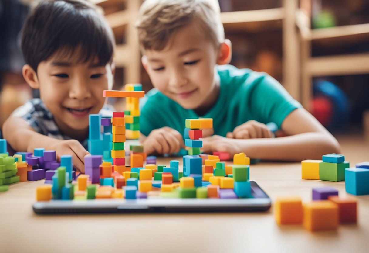 Children playing with educational apps, surrounded by colorful and interactive learning materials. A joyful and engaging environment for young learners