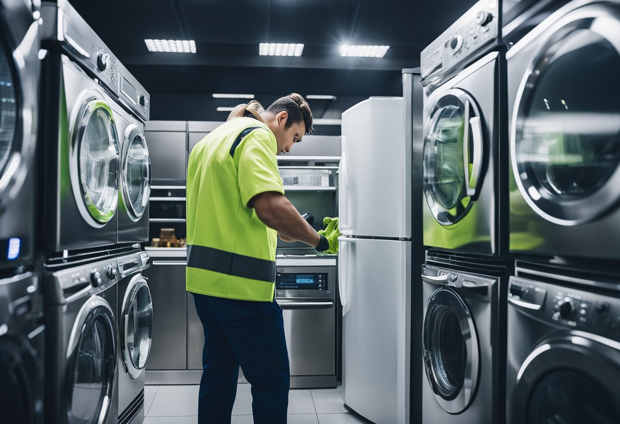 A technician inspecting and cleaning various household appliances, such as a refrigerator, washing machine, and oven, to perform preventive maintenance