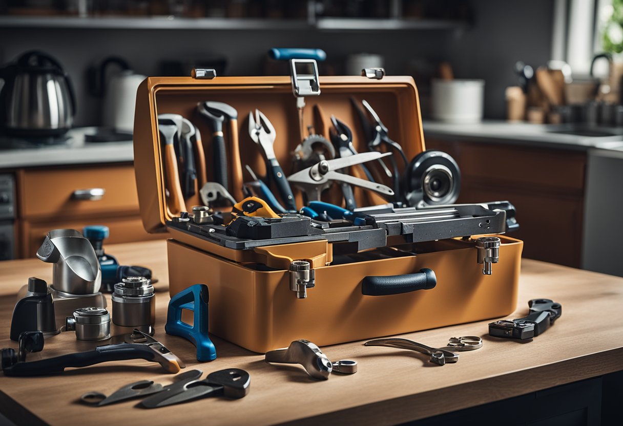 An open toolbox with various tools and a manual on a countertop next to a disassembled appliance