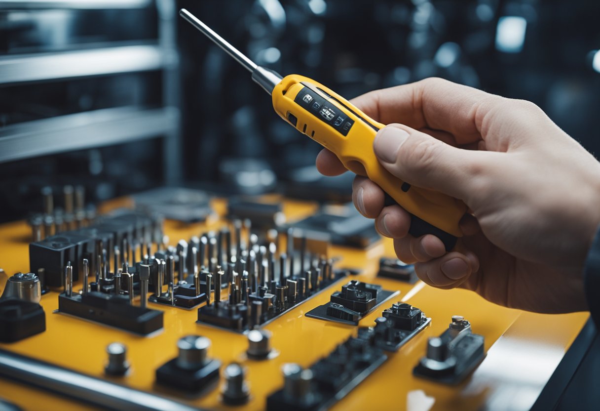A hand holding a screwdriver while performing maintenance on a variety of household appliances