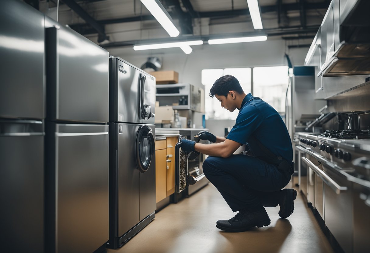 A technician inspecting and cleaning various household appliances, such as a refrigerator, washing machine, and stove, in a well-lit and organized workshop setting
