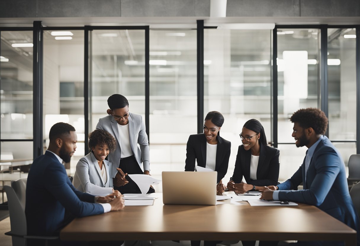 A group of diverse employees gather around a table, reviewing documents and discussing new labor laws. A calendar on the wall shows the year 2024