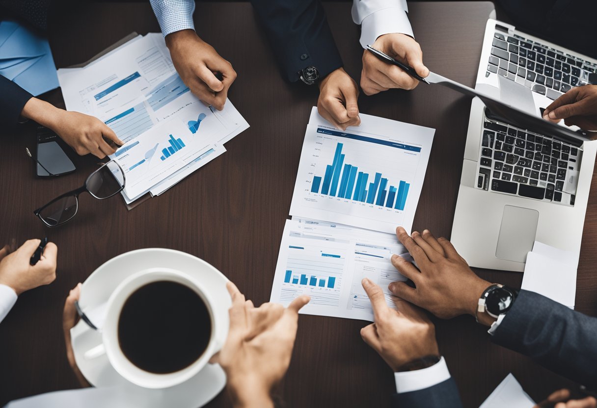 A group of workers and business owners gather around a table, discussing and reviewing documents related to the new labor laws for 2024. Charts and graphs are spread out, indicating changes and adaptations needed