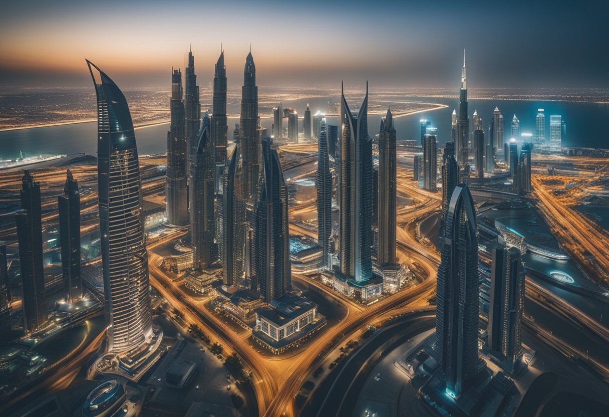 A bustling cityscape with futuristic skyscrapers and bustling activity in Dubai's Free Zones, showcasing a hub of entrepreneurial energy and innovation