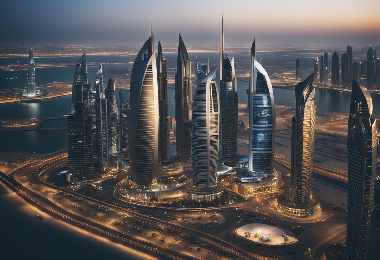 A bustling Dubai Free Zone with modern skyscrapers, bustling business activity, and international entrepreneurs networking and conducting trade