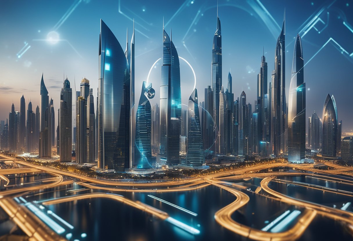 A futuristic city skyline with advanced security measures, data encryption symbols, and shield-like barriers surrounding Dubai businesses