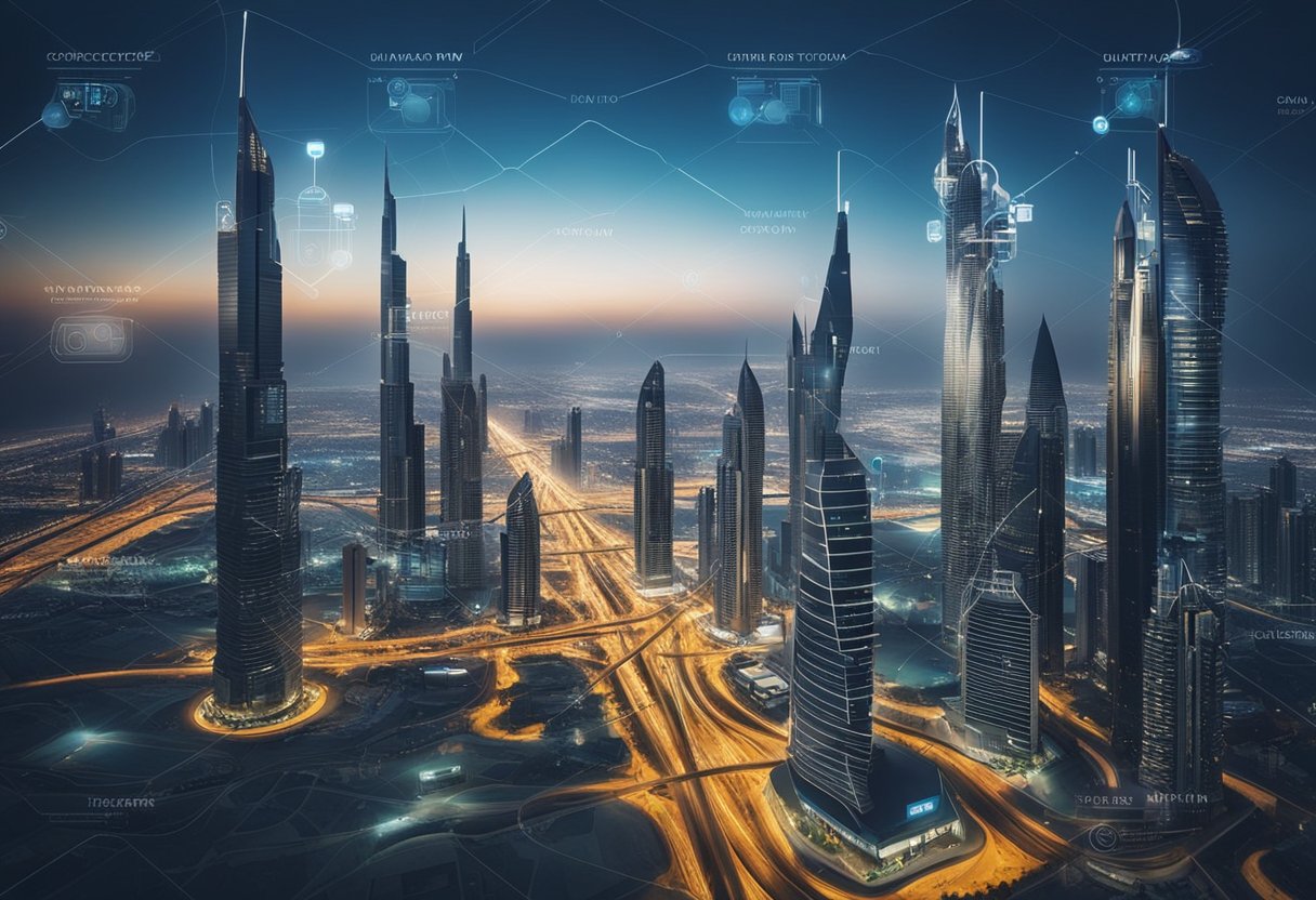 A futuristic city skyline with interconnected digital networks and security measures in place to protect businesses in Dubai