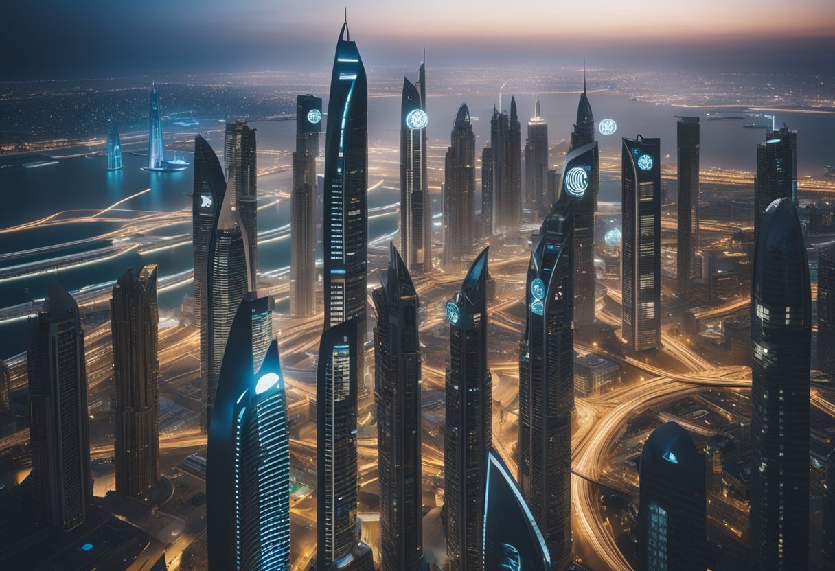 A bustling Dubai skyline with futuristic fintech buildings and digital currency symbols floating in the air