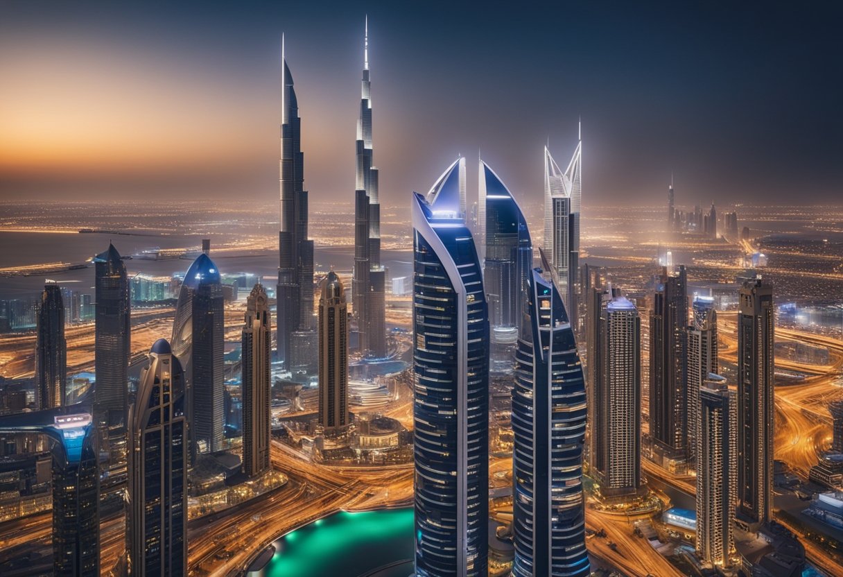 A bustling Dubai skyline with futuristic financial tech hubs and digital payment systems in action