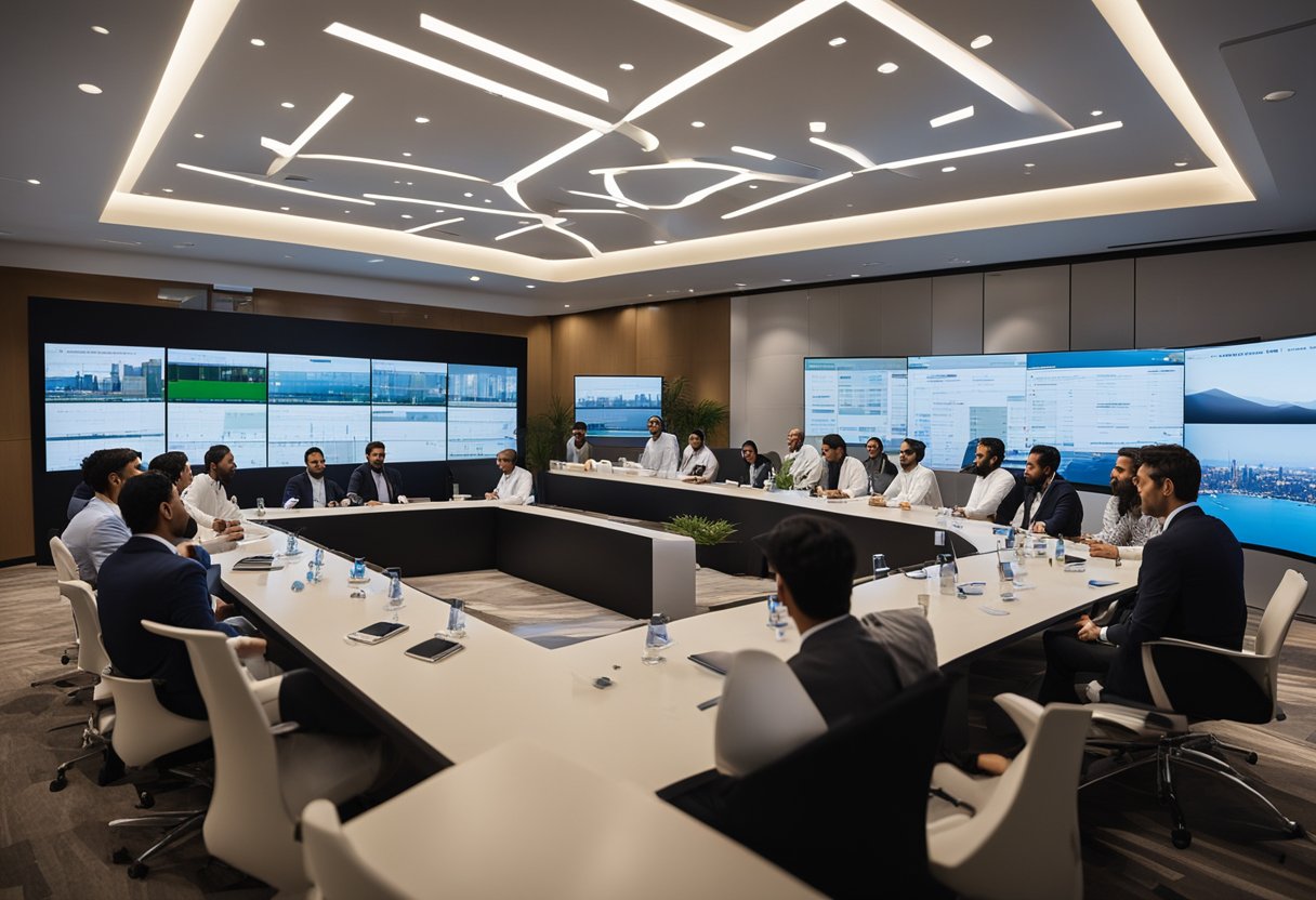 Businesses strategize for Expo 2024 Dubai: charts, graphs, and brainstorming sessions fill the conference room, as teams collaborate and plan for the upcoming event