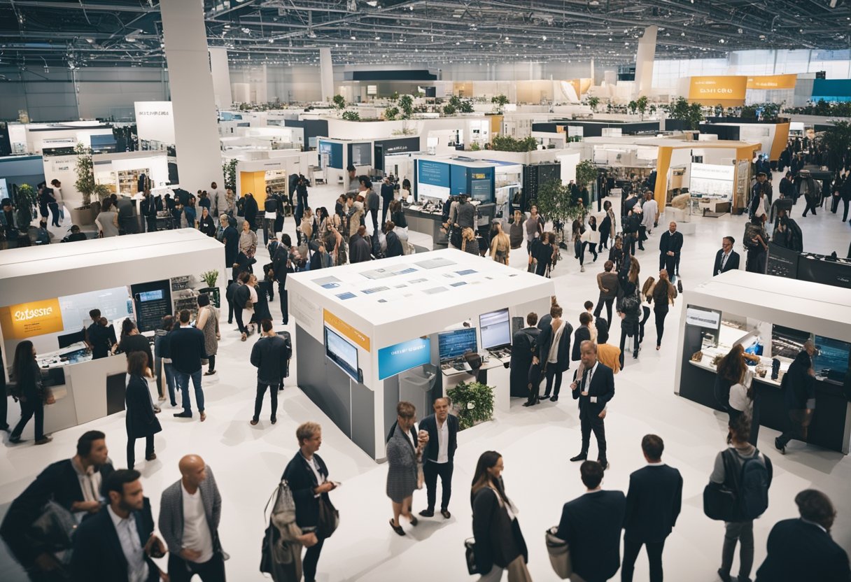 A bustling expo hall filled with diverse businesses showcasing their products and services, with attendees engaged in networking and collaboration