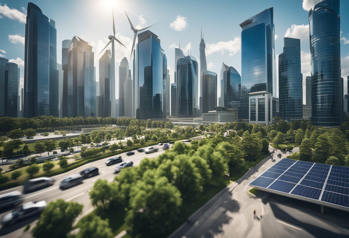 A bustling cityscape with modern skyscrapers adorned with greenery, solar panels, and wind turbines. Electric vehicles and bicycles dominate the streets, while businesses display eco-friendly certifications