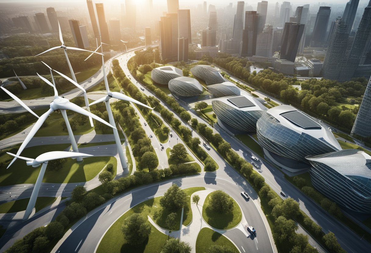 A bustling city skyline with eco-friendly buildings, solar panels, and wind turbines. A network of electric vehicles and bike lanes. Green spaces and rooftop gardens