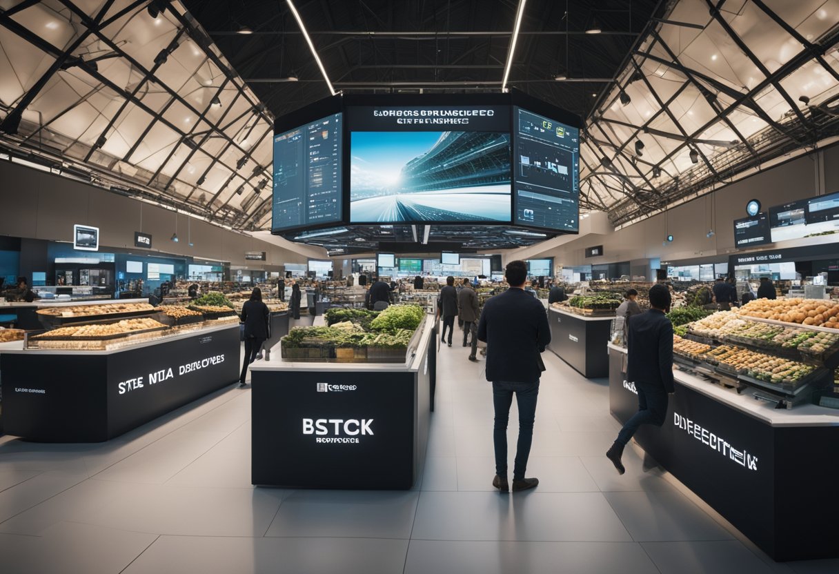 A bustling marketplace with digital screens displaying various products. Delivery drones hover above while customers interact with virtual reality interfaces