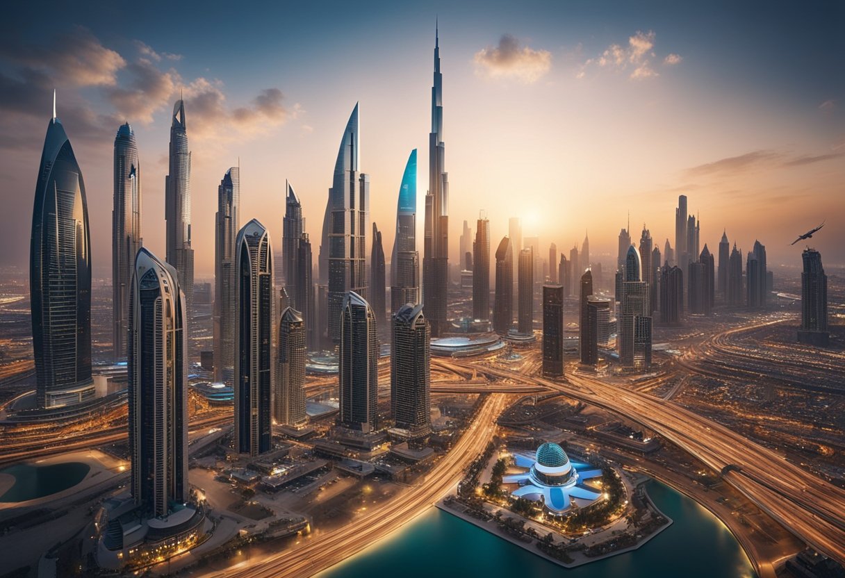 A bustling Dubai skyline with futuristic online shopping platforms and delivery drones buzzing around, showcasing the rapidly evolving e-commerce landscape in 2024