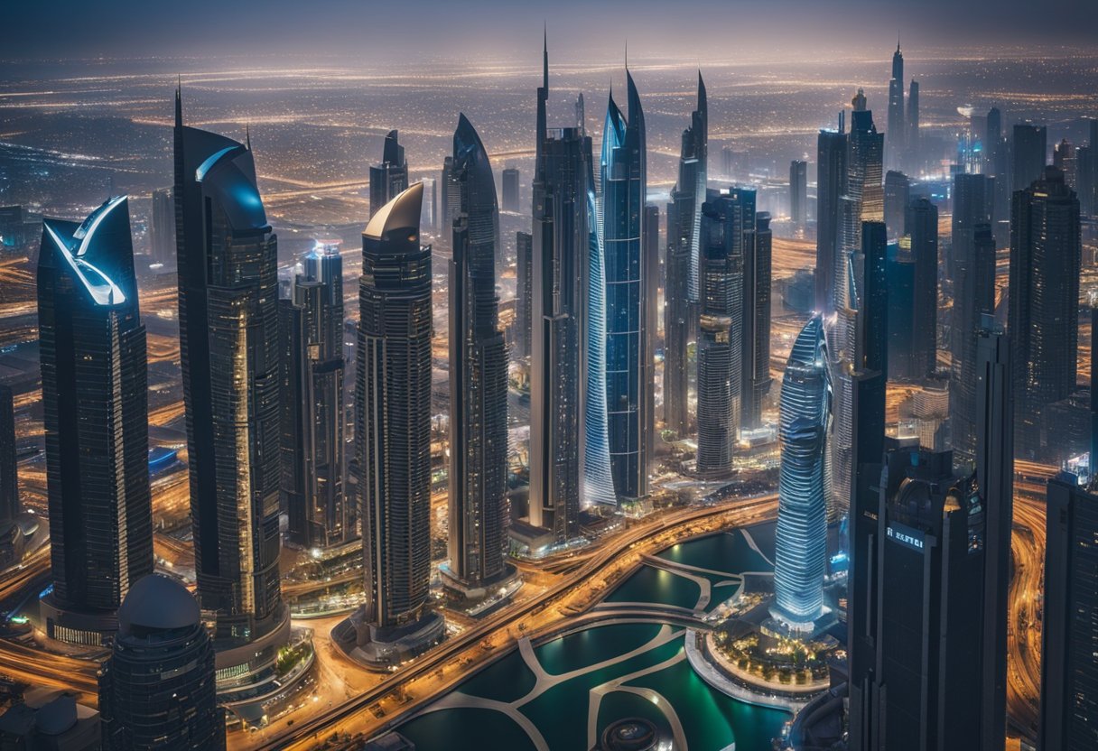 A panoramic view of Dubai's skyline with futuristic skyscrapers and bustling city streets, showcasing the vibrant real estate market of 2024