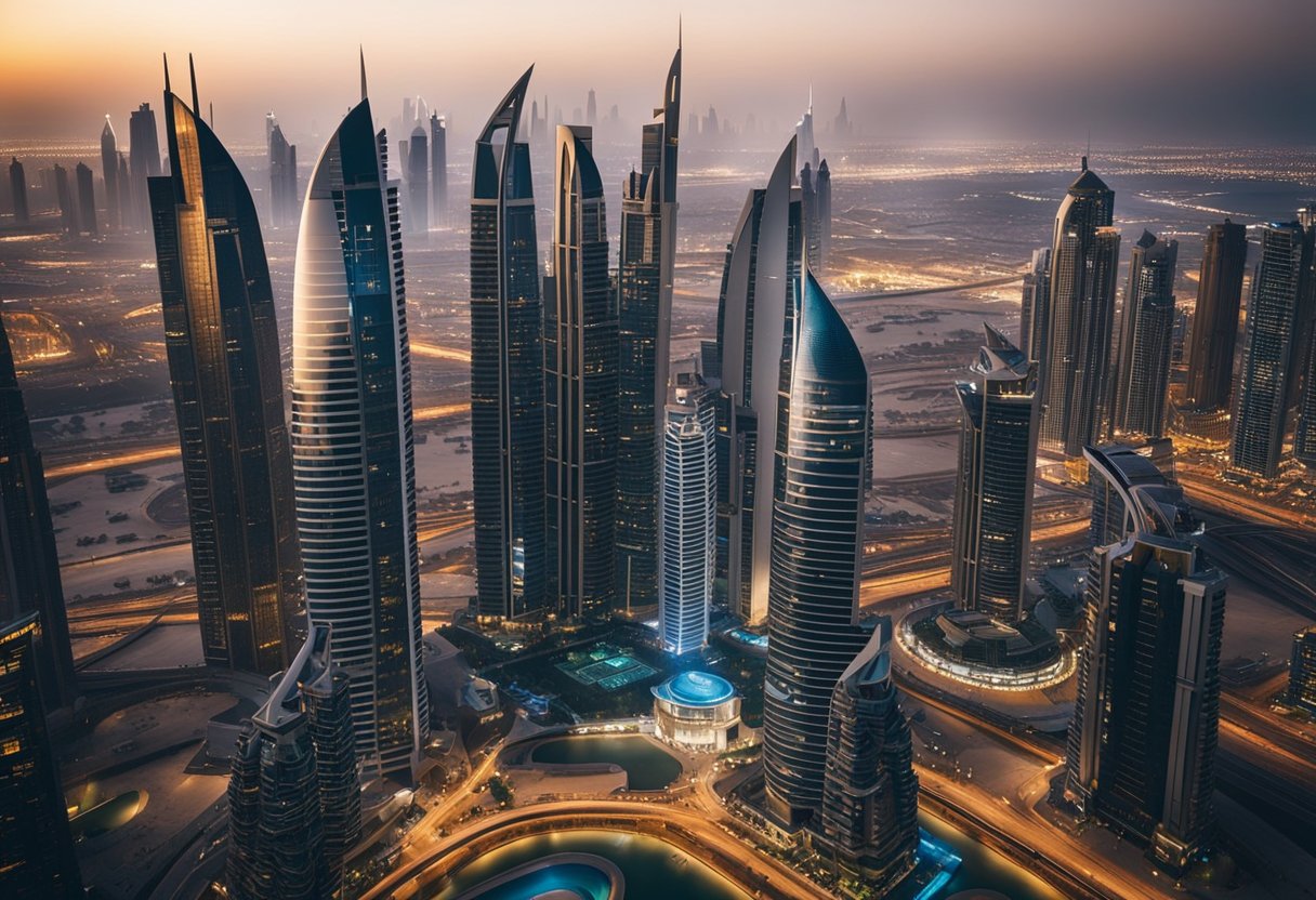 A bustling Dubai cityscape with modern skyscrapers and luxury residential buildings, surrounded by a vibrant and dynamic real estate market