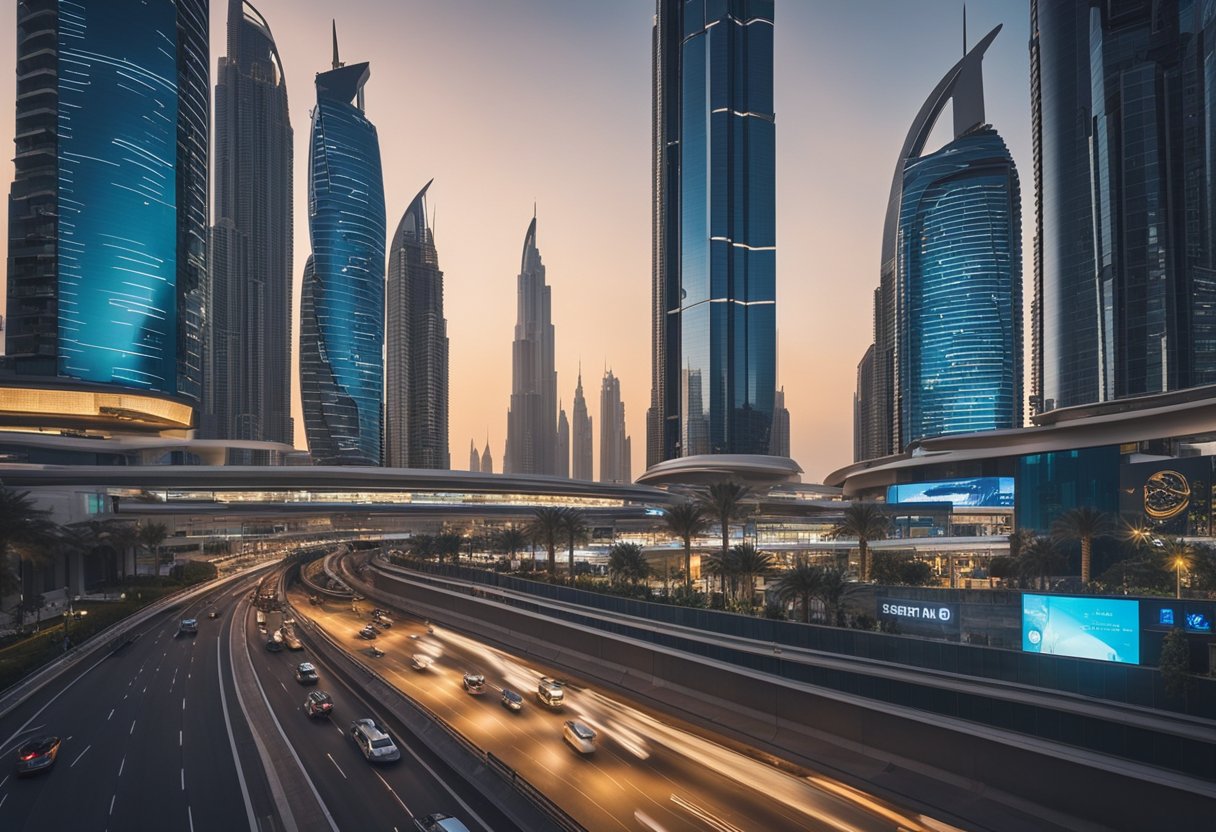 A bustling cityscape of Dubai with futuristic skyscrapers and digital billboards showcasing targeted ads to a diverse audience