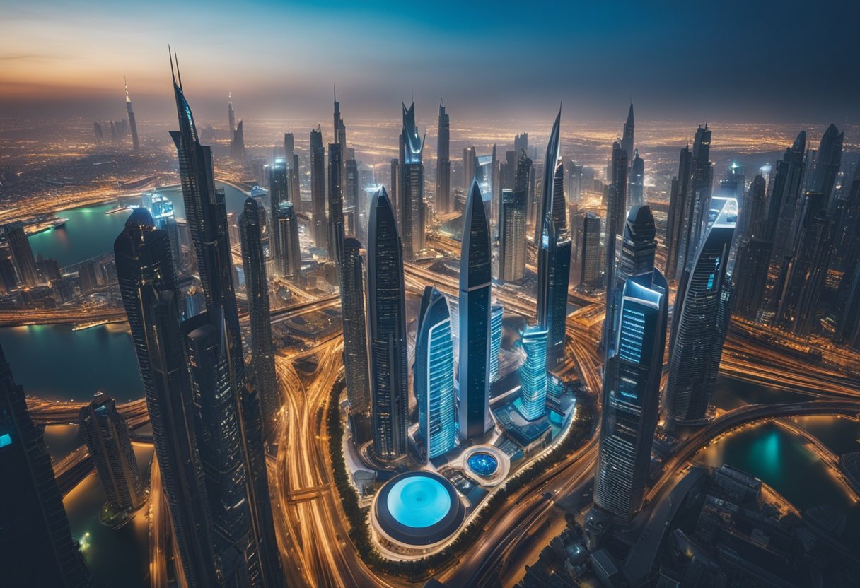 A futuristic cityscape with digital billboards and skyscrapers, showcasing advanced technology and innovative marketing strategies in Dubai