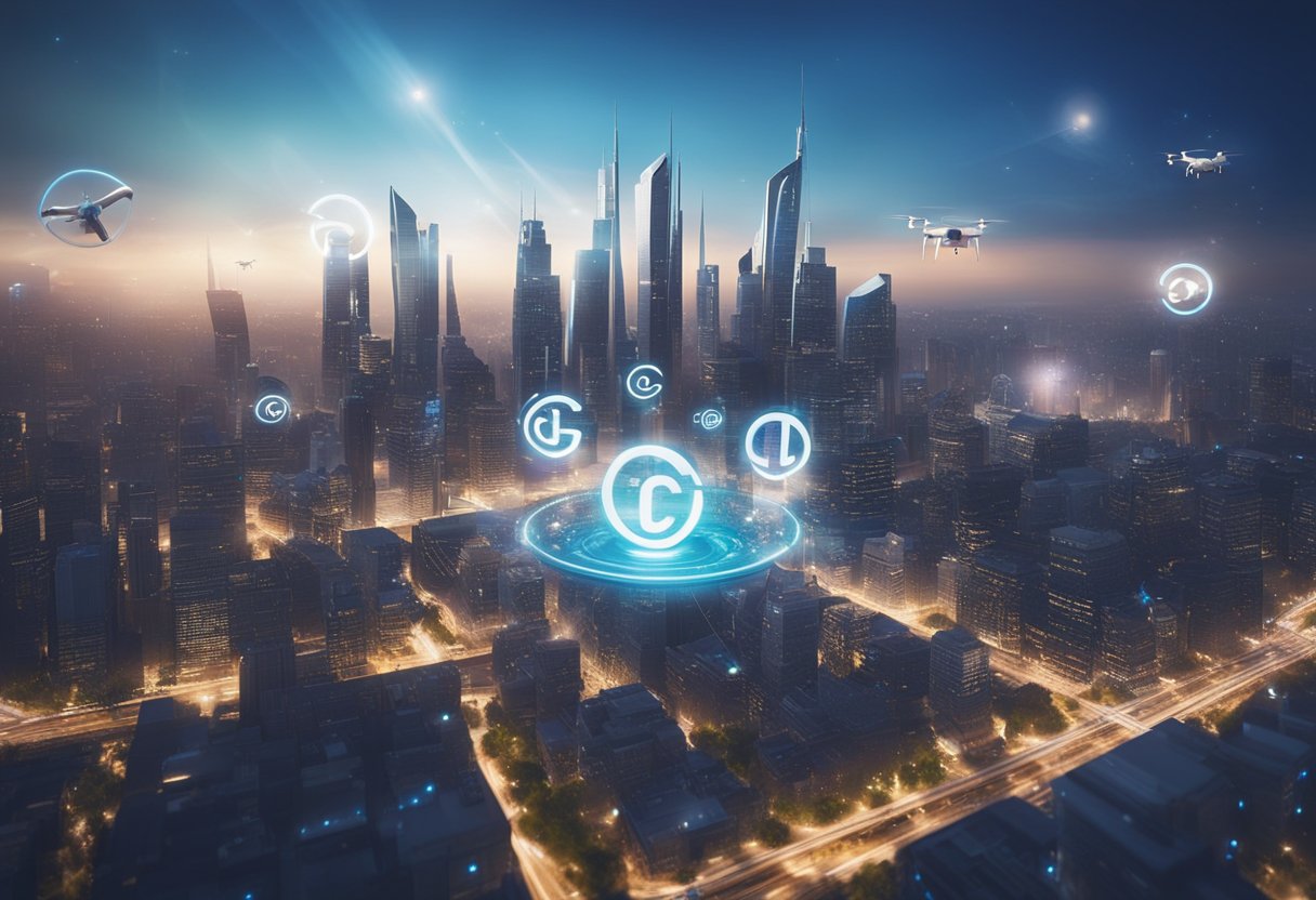 A futuristic cityscape with holographic copyright symbols floating above buildings, while drones patrol the skyline for any signs of intellectual property infringement