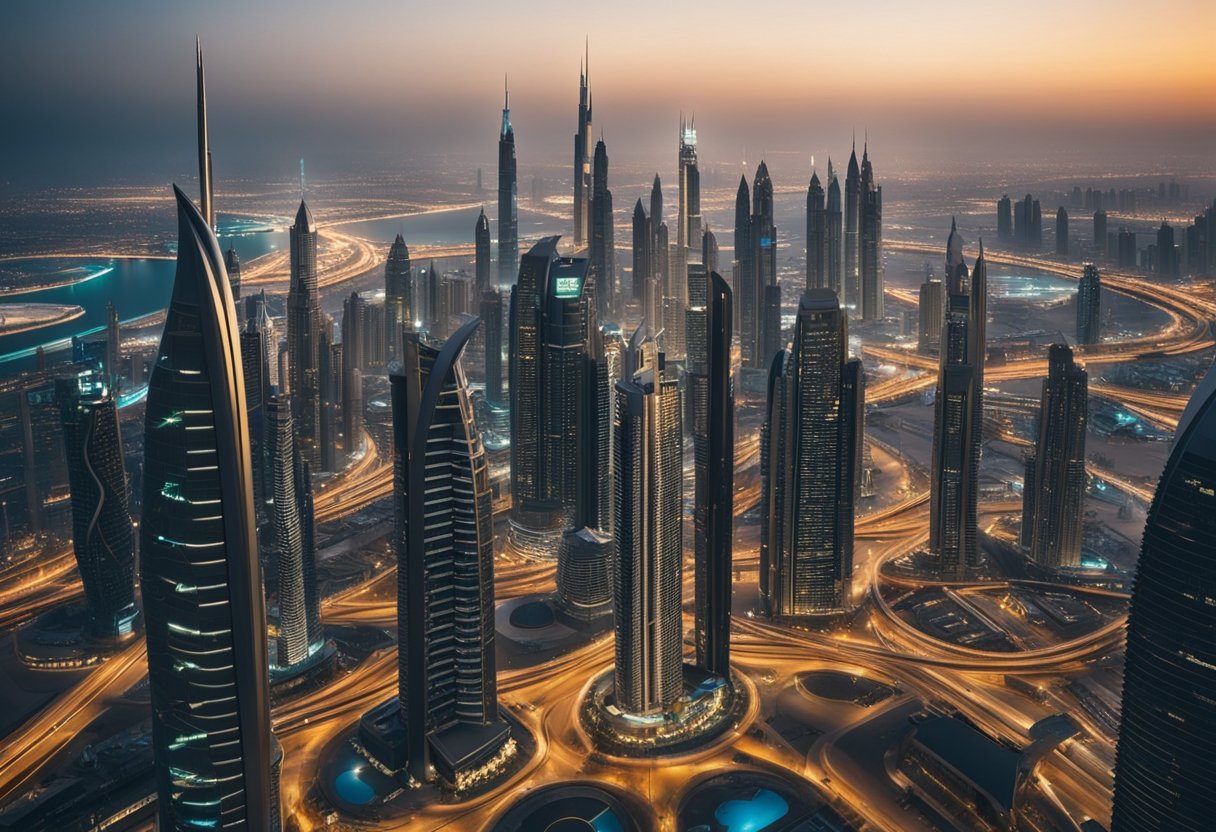 A futuristic cityscape with towering skyscrapers, showcasing the modern legal framework and registration for intellectual property protection in Dubai in 2024