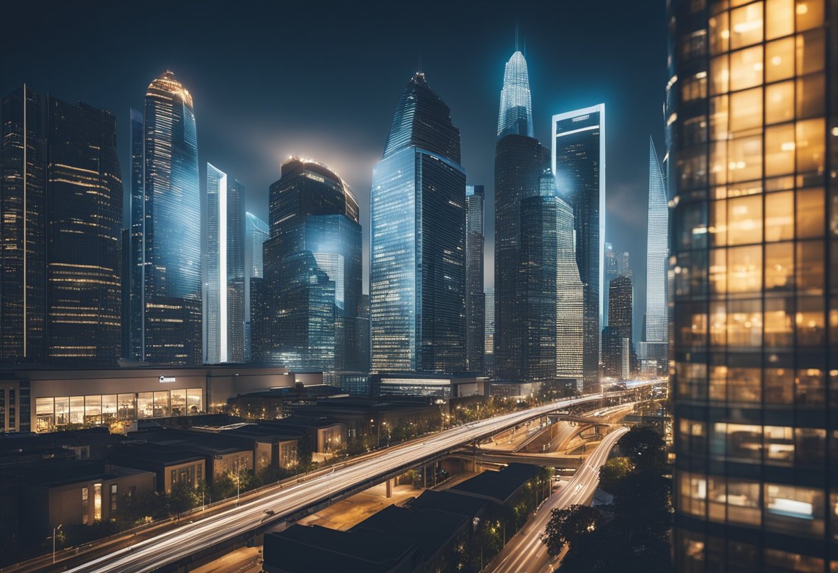 A bustling cityscape with sleek skyscrapers, digital billboards, and futuristic transportation. Blockchain technology is integrated into every aspect of daily life, from smart buildings to efficient supply chains