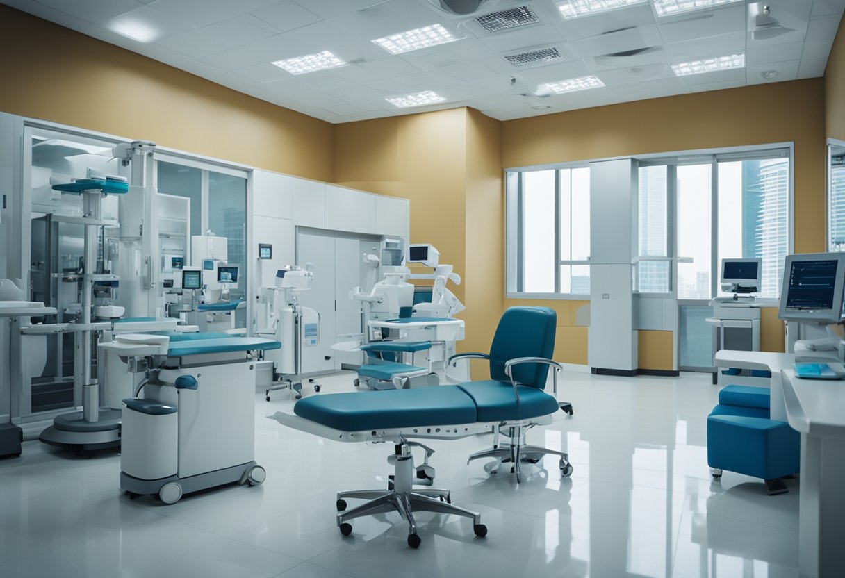 A modern healthcare facility in Dubai, with state-of-the-art equipment and a diverse team of medical professionals providing services to expatriates in 2024