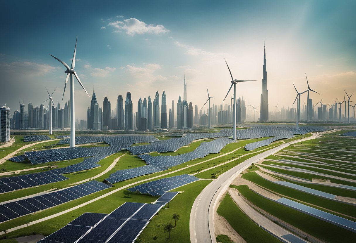 A futuristic cityscape with wind turbines, solar panels, and electric vehicles. The skyline is illuminated with green energy, showcasing Dubai's commitment to sustainability