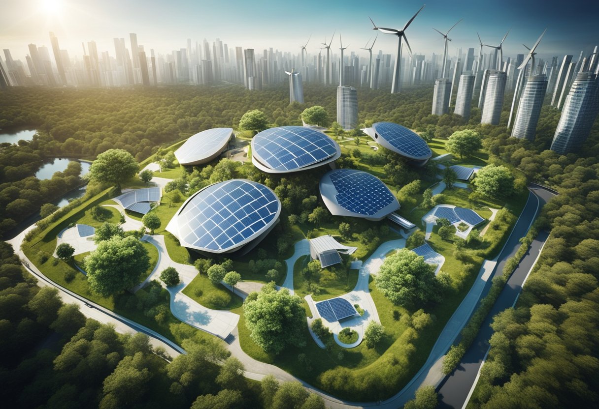 A futuristic cityscape with solar panels and wind turbines integrated into the architecture, surrounded by lush greenery and sustainable infrastructure