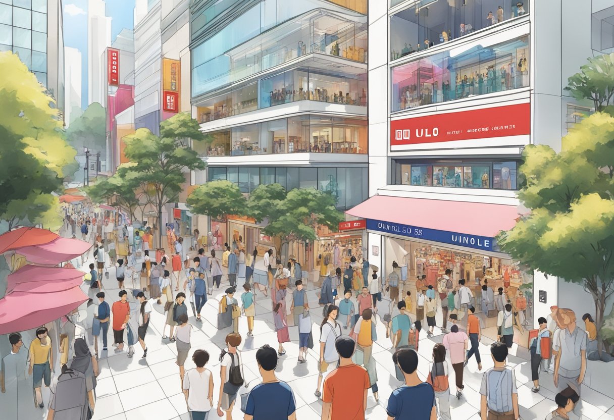 The bustling streets of Singapore surround a modern and sleek Uniqlo store, with vibrant displays and a mix of locals and tourists passing by