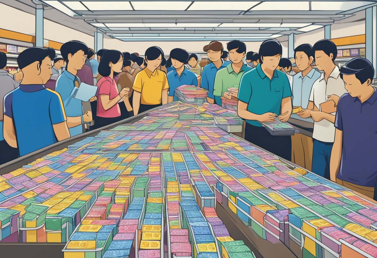 A colorful array of lottery tickets and betting slips fill the counters at Singapore Pools, as customers eagerly line up to place their wagers