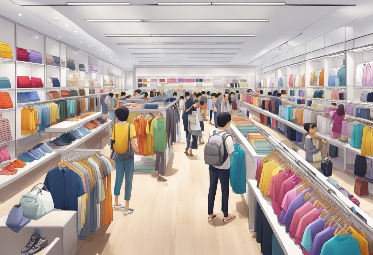 A bustling Uniqlo store in Singapore, with colorful displays and busy shoppers browsing the latest fashion items