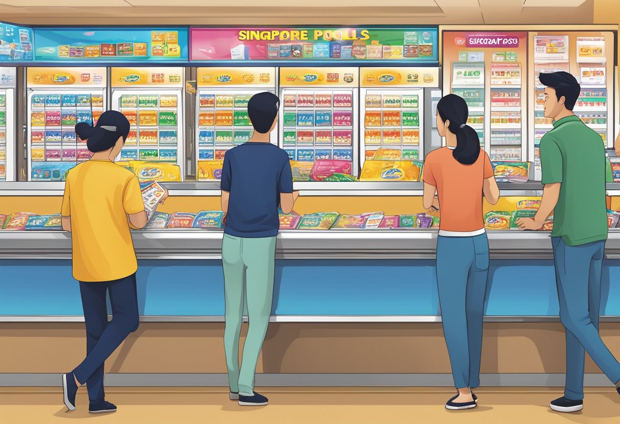 A colorful display of Singapore Pools logo and signage, with customers eagerly purchasing lottery tickets at the counter