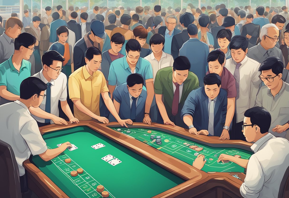 People placing bets at Singapore Pools, eagerly checking results