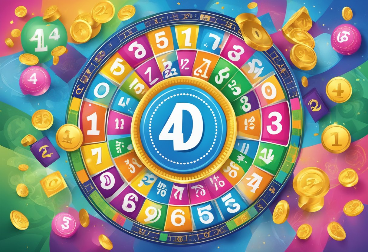 A colorful lottery ticket with the numbers "4D" printed on it, surrounded by symbols of luck and fortune