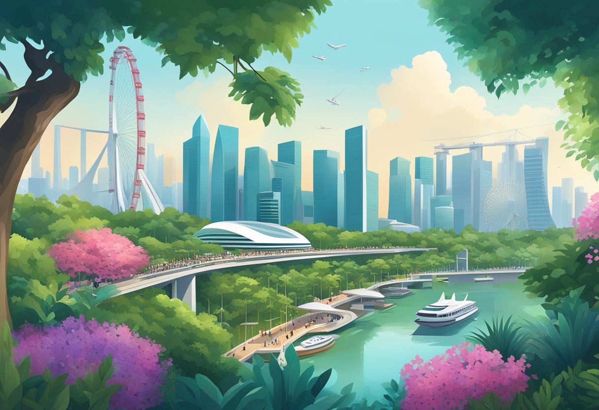 A bustling cityscape with iconic landmarks like the Marina Bay Sands and the Singapore Flyer, surrounded by lush greenery and vibrant street life