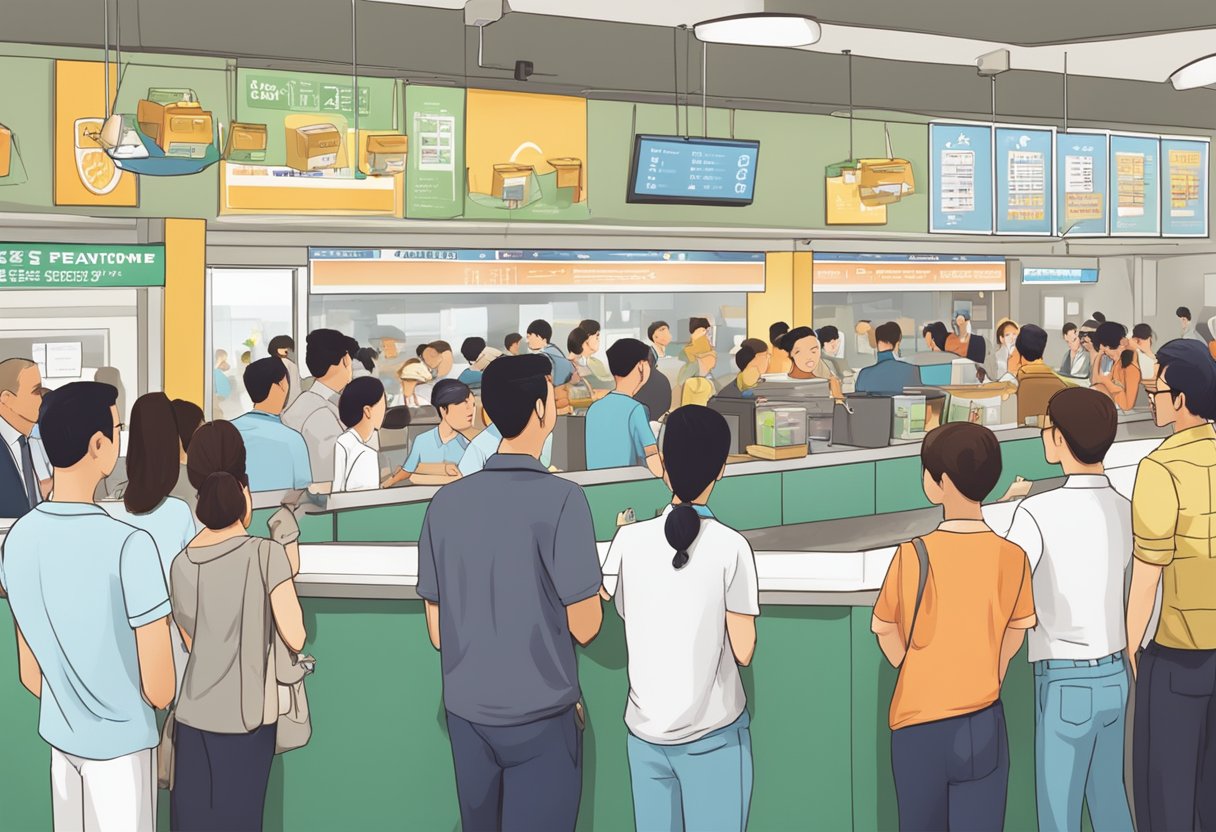A crowded room with people lined up at a counter, signs displaying "Frequently Asked Questions" and "Singapore Pools" in the background