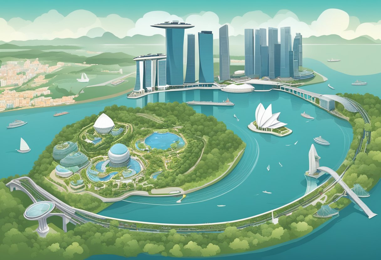 A bird's-eye view of Singapore, with the iconic Marina Bay Sands, Gardens by the Bay, and the Singapore Flyer. The map should show the city's layout and major landmarks