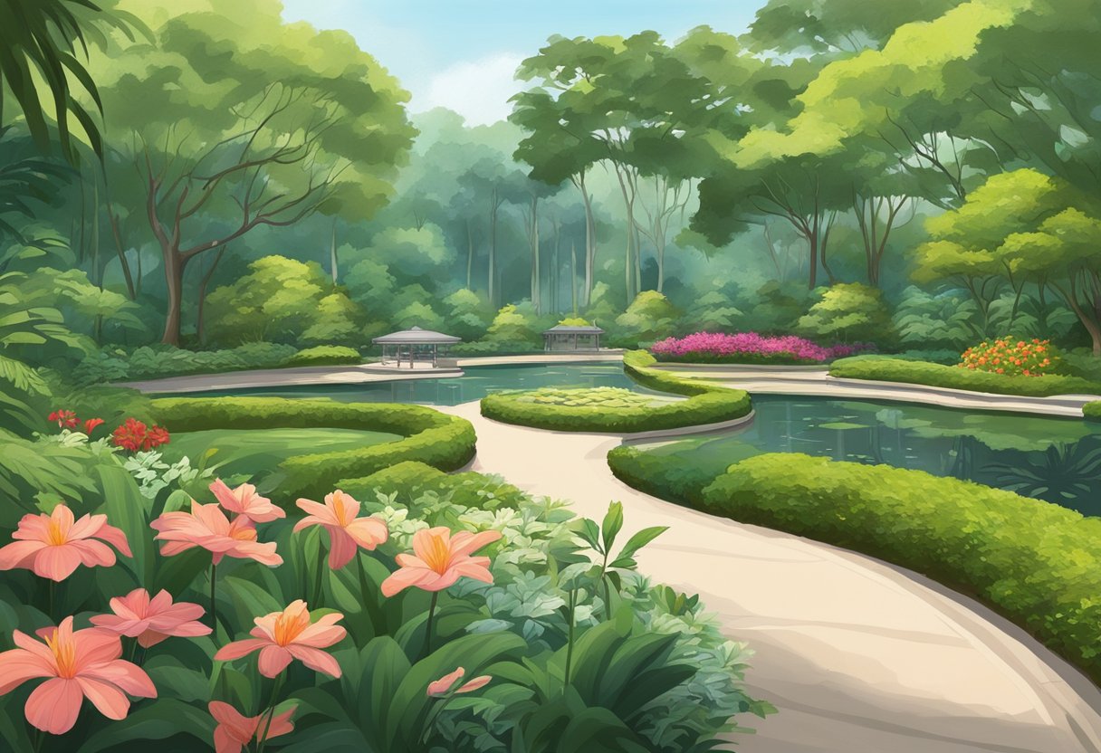 Lush greenery, vibrant flowers, and tranquil ponds fill the Singapore Botanic Gardens, with winding paths and towering trees creating a peaceful oasis